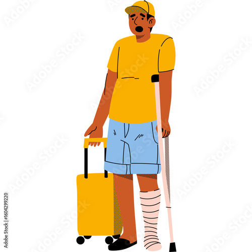 Upset tourist with a broken leg in a cast, using a crutch and holding luggage. Concept of a travel accident or vacation injury.