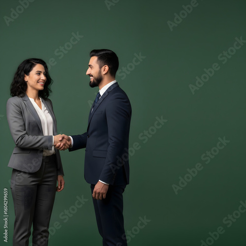 Diverse Executives Shaking Hands for Partnership, Deep Green Background, Collaboration Space, Crisp Professional Lighting, Global Business Alliance.