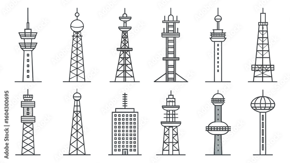 Obraz premium Collection of different communication tower line icons separated from each other with dish and antenna shapes blank background