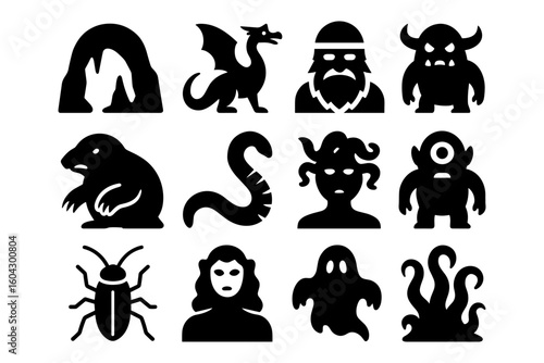 Mythical creatures and monsters set in bold silhouette style for creative projects