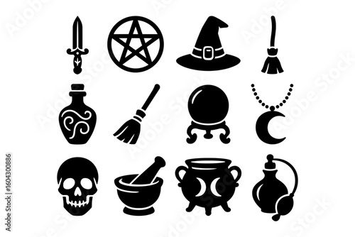 Mystical icons: witchcraft symbols set featuring hat, broom, cauldron, and more
