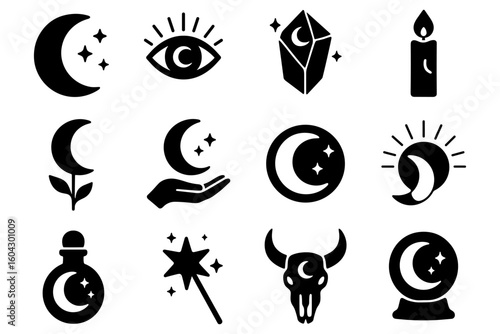 Mystical symbols collection featuring moons, stars, and magical elements