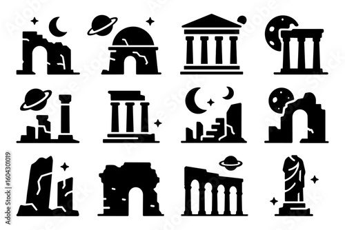 Ancient architecture icons with celestial elements in silhouette style
