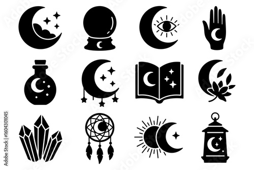 Mystical celestial symbols collection: moon, stars, and spiritual elements in silhouette art