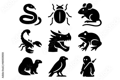 Silhouette set of dangerous animals and creatures