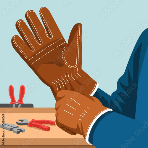 Gloved Hand Putting on Brown Leather Work Glove