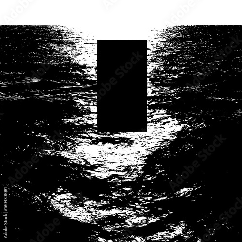 Abstract depiction of water surface with light reflections and a prominent black rectangle overlaying it