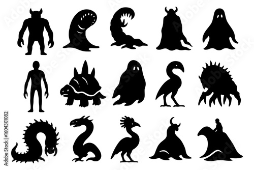 Silhouette collection of various fantasy creature shapes and monsters