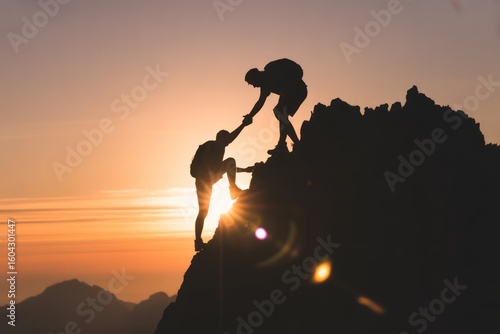 Two hikers helping each other climb a mountain at sunset
