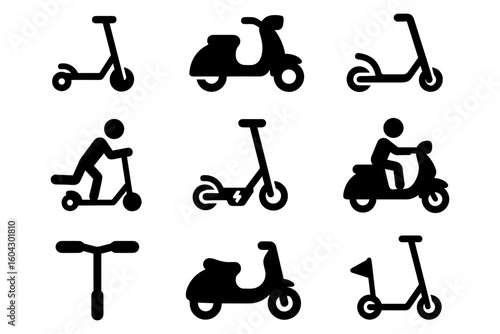 Silhouette collection of scooter and moped icons with riders