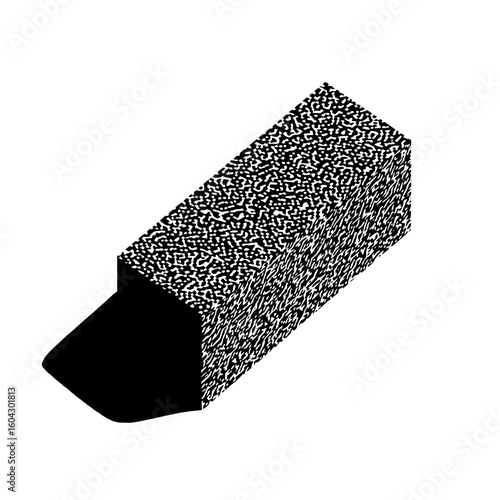 Isometric view of a textured rectangular block with a black shadow cast on a white background space