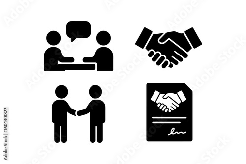 Business agreement icons: handshake and communication silhouettes for professional concepts