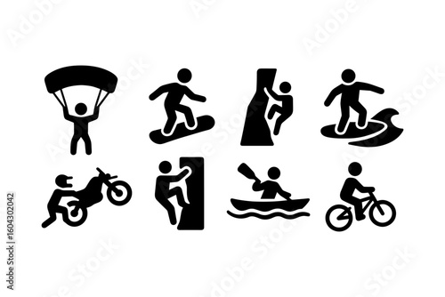 Active adventures icons set: diverse outdoor sports pictograms in bold silhouette style