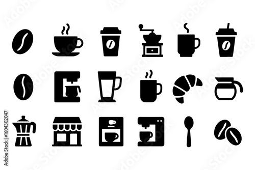 Coffee icons set: silhouette coffee cups, beans, and cafe elements in black