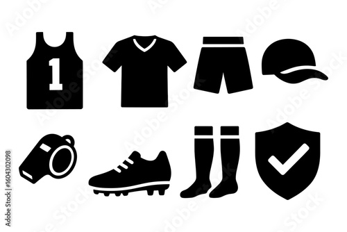 Essential soccer gear icons set in minimalist silhouette style