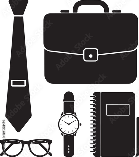 Business accessories including tie briefcase watch glasses notebook vector