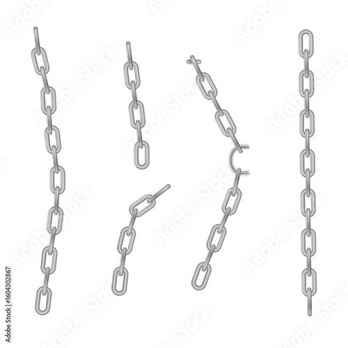 Free metal chain with whole or break steel chrome links. Collection of seamless metal chains colored silver. Vector