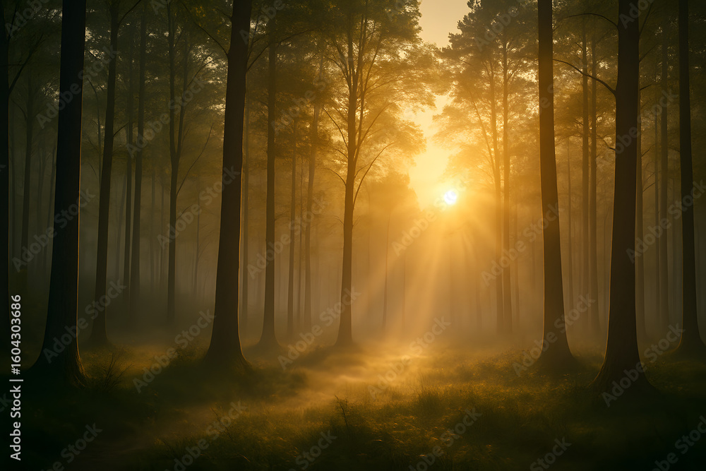 Naklejka premium misty morning in the forest