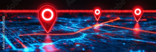 Row of digital navigation pins on a luminous landscape, illustrating global connectivity and smart travel guidance.
