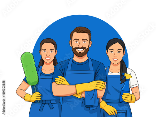 smiling cleaning lady cleaning crew illustration clipart