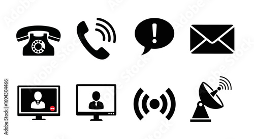 A collection of communication icons depicting various methods of contact, from vintage rotary phones to modern satellite technology.