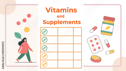 Vitamins and supplements tracking chart for a healthy lifestyle with a woman and various pills and capsules