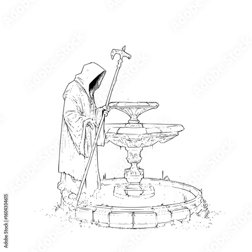 Illustration of a cloaked figure with a staff standing beside a tiered stone fountain in black and white