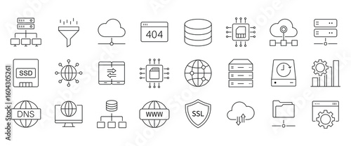 Web hosting line icon set. Containing internet, cloud computing, server, database, SSL, FTP, domain, firewall, data hosting, website and more. Editable line icons. Vector illustration.