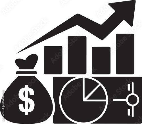 Financial growth chart money bag pie chart and currency symbol finance dollar