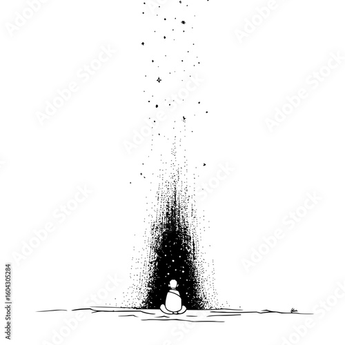 Person meditating under a shower of stars and dark particles in a minimalist black and white drawing style