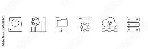 Web hosting line icon set. Containing internet, cloud computing, server, database, SSL, FTP, domain, firewall, data hosting, website and more. Editable line icons. Vector illustration.