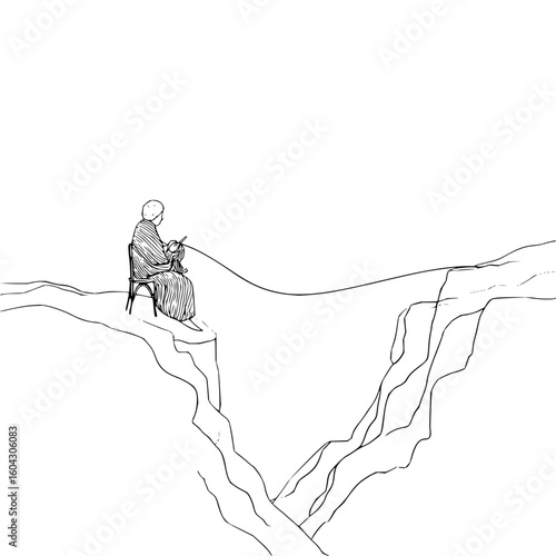A woman knitting on a chair perched precariously on a cliff edge overlooking a deep chasm in black and white