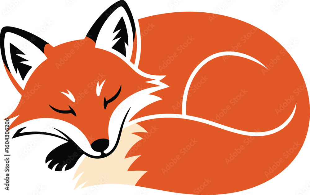 Obraz premium Sleeping Fox Curled Up Illustration in Silhouette Style on Black Background silhouette
