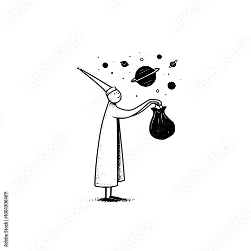 A whimsical drawing of a wizard holding a bag with planets and stars floating out of it in black and white
