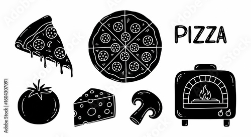 Pizza Doodle Icon Set – Hand Drawn Slice, Pepperoni, Tomato, Cheese, Mushroom, Oven Sketch for Fast Food Vector Illustration

