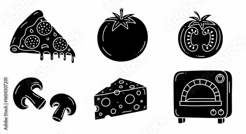 Pizza Doodle Icon Set – Hand Drawn Slice, Pepperoni, Tomato, Cheese, Mushroom, Oven Sketch for Fast Food Vector Illustration

