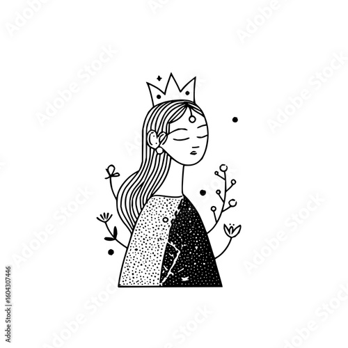 Stylized drawing of a woman with a crown and closed eyes surrounded by flowers in black and white