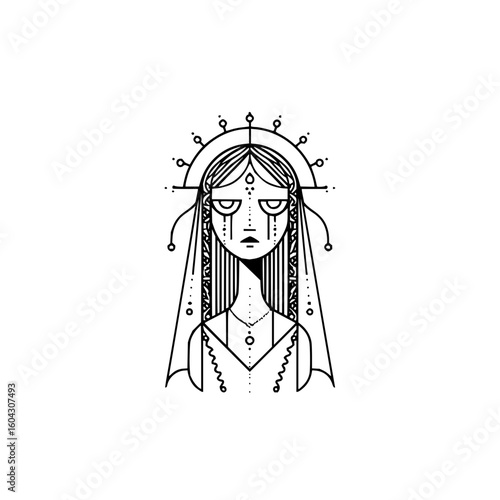 Stylized depiction of a woman with a headdress and tears in a minimalist black and white line art style