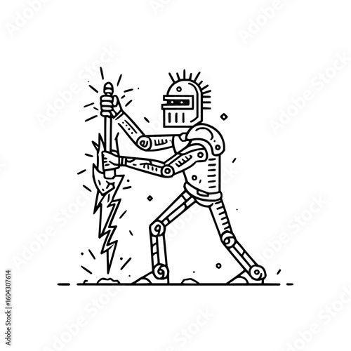 Stylized robot knight with a mohawk wielding a lightning axe in a black and white line drawing style