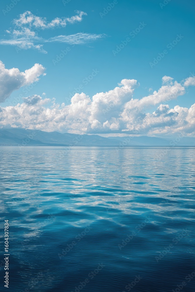 Obraz premium Calm lake scene with fluffy clouds and a clear sky