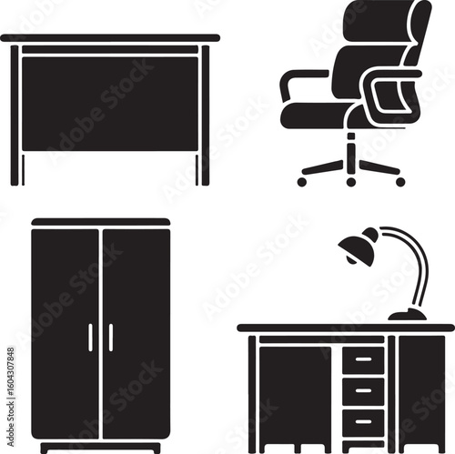 Office furniture set including desk chair cabinet and lamp vector