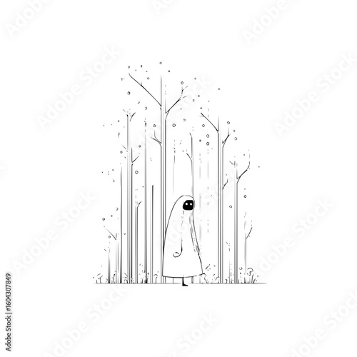 A hooded figure stands amidst a sparse forest with falling snow in a minimalist black and white drawing style