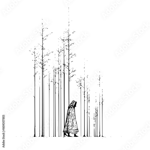 A lone figure in a hooded cloak walking among tall thin trees in a sparse forest black and white drawing style