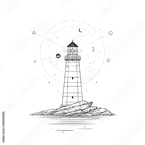 A lighthouse on rocks with celestial bodies and dotted circles in a black and white line drawing style