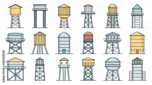 Collection of different water tower line icons separated from each other with ladder and tank outlines blank background

