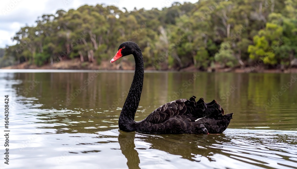 Fototapeta premium Elegant black swan gracefully gliding on a serene lake with lush green background
