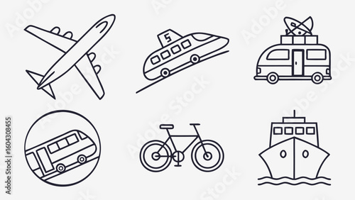 Travel Transportation Icon Set – Ocean Blue Vector Icons for Vehicles, Mobility, and Travel Services