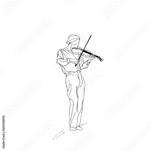 Line drawing of a person wearing a head covering and playing a violin with a bow in a white space