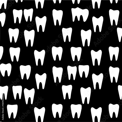 Seamless pattern of white teeth scattered on a black background creating a dental themed design element
