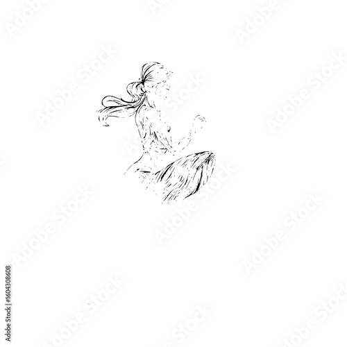 Ink sketch of a woman with long hair tied back sitting with knees up in a dress in black and white